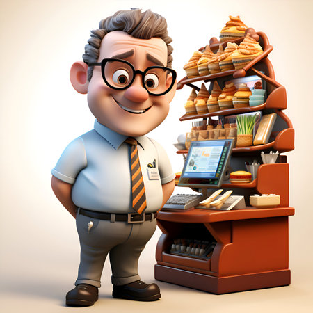3D illustration of a casual man cartoon character with a coffee machineの素材
