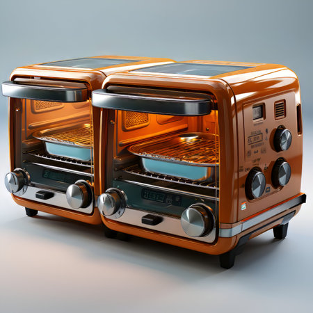 3d illustration of an orange toaster oven on a gray backgroundの素材