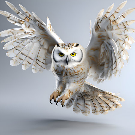 Owl flying on a gray background. 3D render illustration.の素材