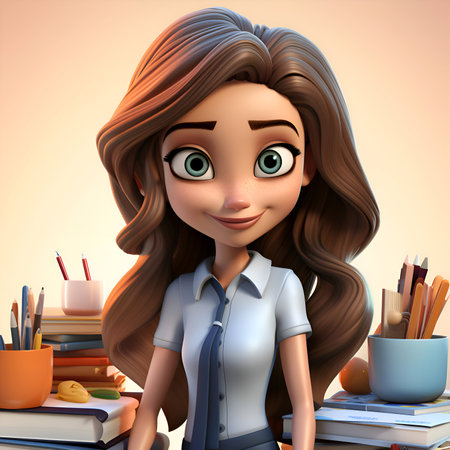 3D illustration of a cartoon schoolgirl with backpack and books.の素材