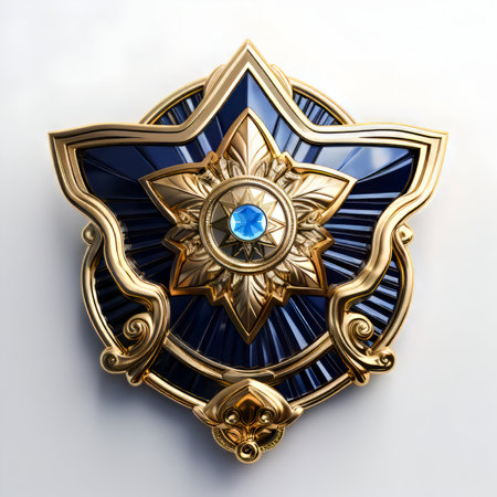 3d rendering of a blue and golden police badge on a white backgroundの素材