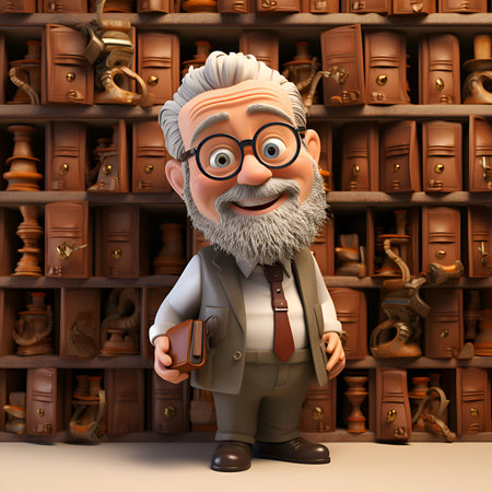 3D illustration of an old man with a bookcase in the backgroundの素材