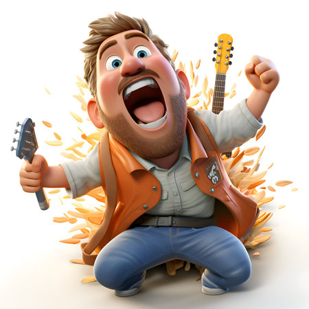 3D illustration of a cartoon character with guitar sitting on the groundの素材