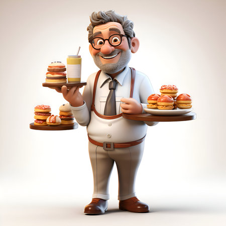 3D illustration of a senior man with hamburgers and coffeeの素材