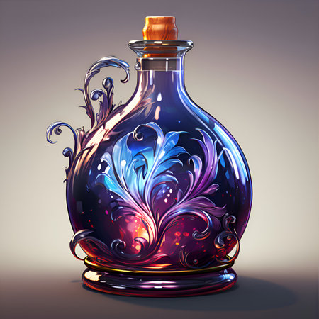 Illustration of magic potion in a glass bottle with floral ornament.の素材