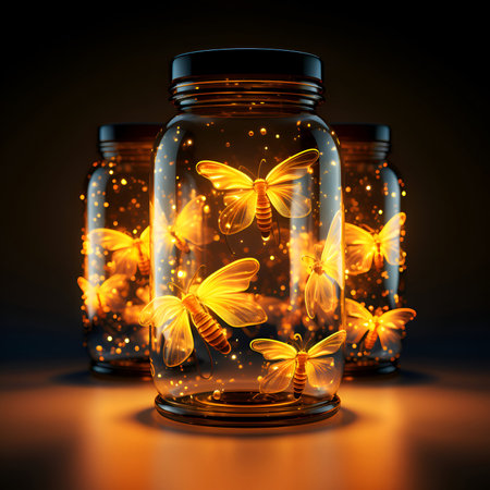 Glowing butterflies in a glass jar on a dark background. 3d renderingの素材