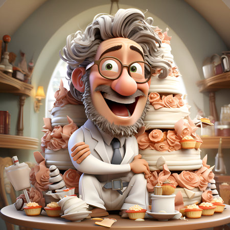 Funny cartoon man with cake and cupcakes. 3d illustrationの素材
