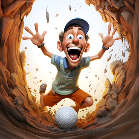 3d illustration of a boy playing golf with a big ball in the holeの素材