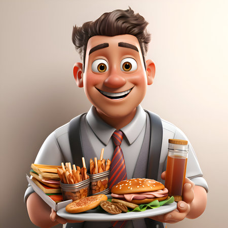 3D illustration of a young man holding a hamburger and french friesの素材