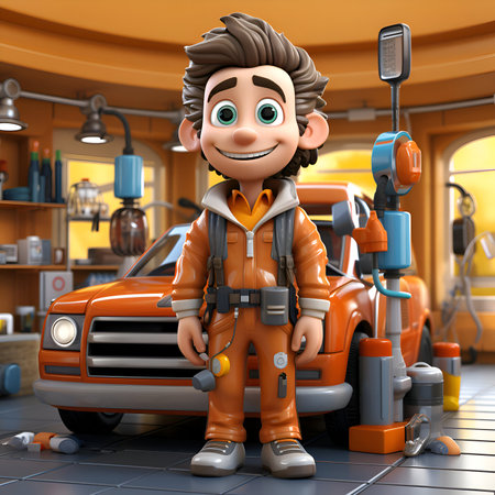 3D Render of a cartoon astronaut character in a spaceship construction siteの素材