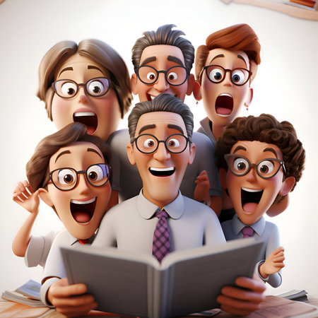 Group of happy people reading a book. 3d illustration. Education concept.の素材