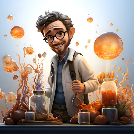 3D illustration of a man scientist in a laboratory full of chemicalsの素材