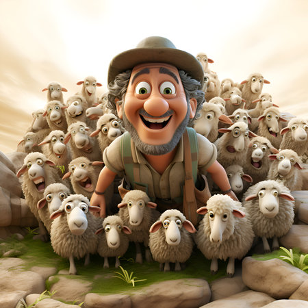Funny farmer with flock of sheep in the field. 3d illustrationの素材