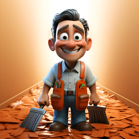 Cartoon character of handyman with broom and dustpan on the floorの素材