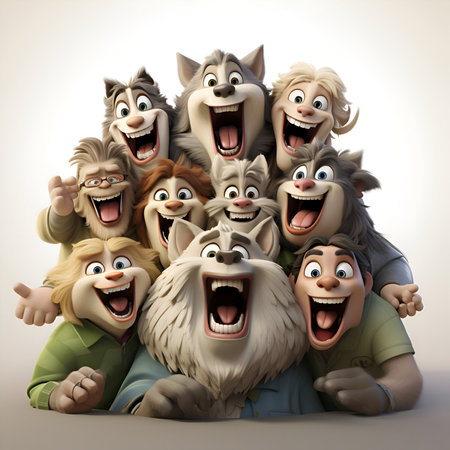 Cartoon happy group of animals with different emotions. 3d illustrationの素材