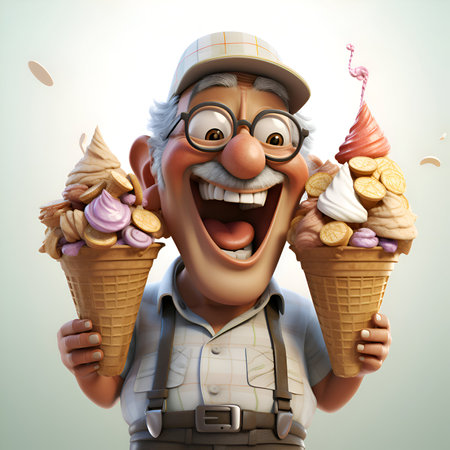 3D illustration of a happy senior man with ice cream in a waffle coneの素材
