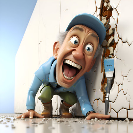 3D illustration of a cartoon character with a hammer and a wallの素材