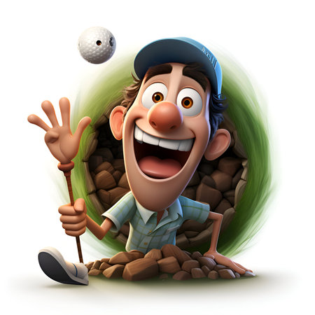 Cartoon golfer with golf ball and sand bunker on white backgroundの素材