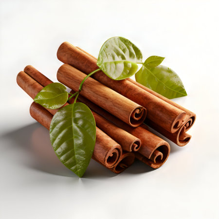 Cinnamon sticks with green leaves on white background. 3d illustrationの素材