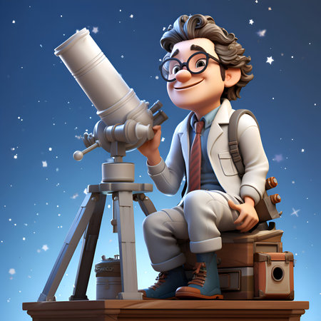 3D illustration of a young man with a telescope sitting on a tableの素材