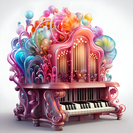 abstract music background with piano and colorful waves. 3d illustrationの素材