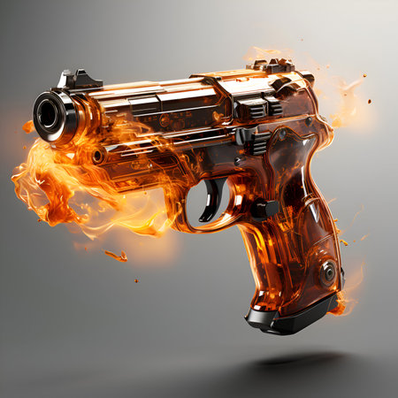Gun in fire on grey background. 3d illustration. Fire effect.の素材
