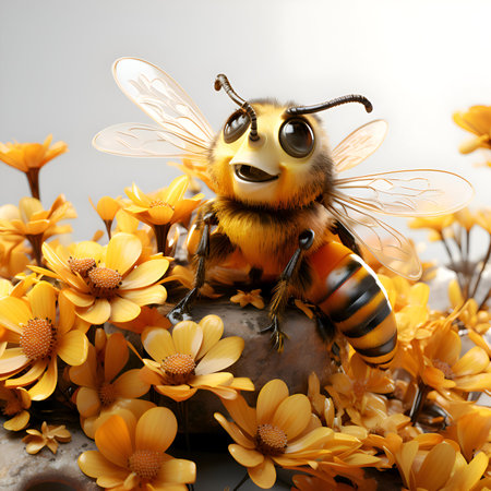 Bee on a flower pot with daisies. 3d renderの素材