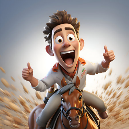 3D illustration of a cartoon character riding a horse with thumbs upの素材