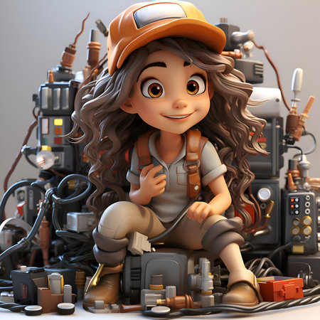 3D illustration of a cartoon girl sitting next to a lot of industrial equipmentの素材