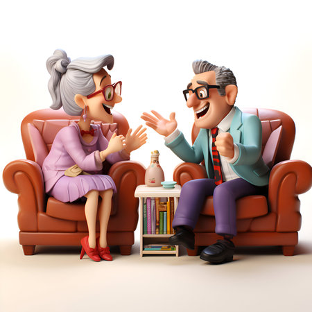 3D illustration of a senior couple sitting in an armchair and talkingの素材