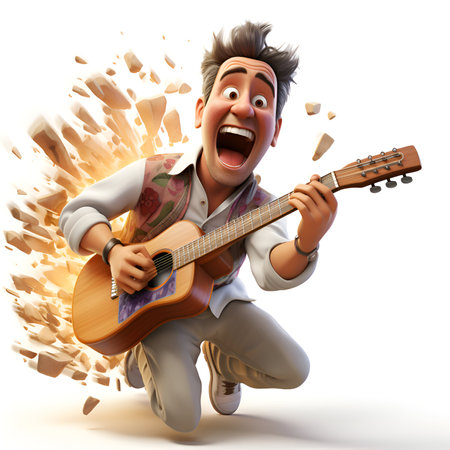 3D illustration of a young man playing an acoustic guitar with explosionの素材