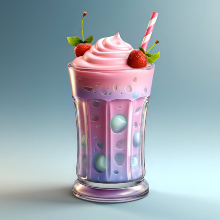 Strawberry milkshake in glass with straws on blue backgroundの素材