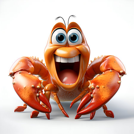 Cartoon character of crab with funny expression on white background. 3d illustrationの素材
