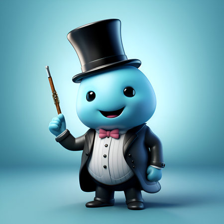 Blue cartoon character with top hat and bow tie holding a magic wandの素材
