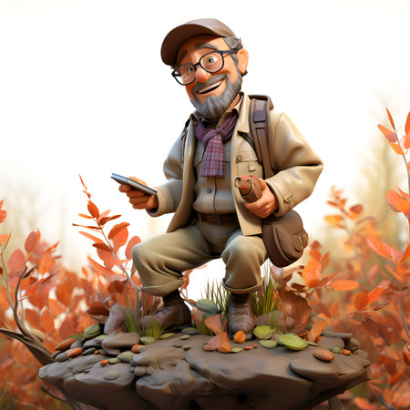 Elderly man with a backpack and a smartphone in the autumn forestの素材