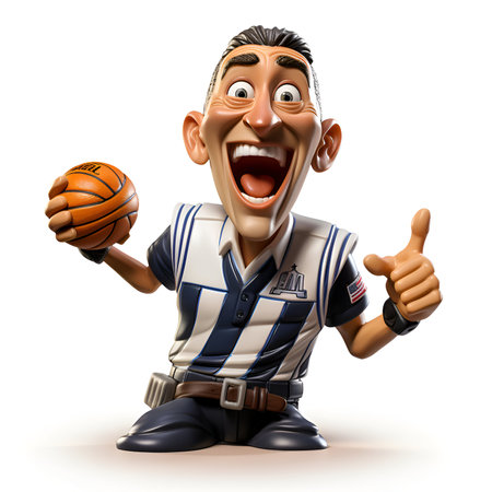 3D illustration of a cartoon character with basketball and thumbs up gestureの素材