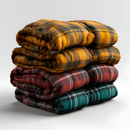 Stack of colorful plaids on white background. 3d illustrationの素材