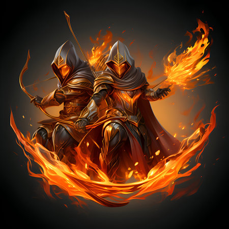 Samurai warrior with sword and shield in fire flames. Vector illustrationの素材