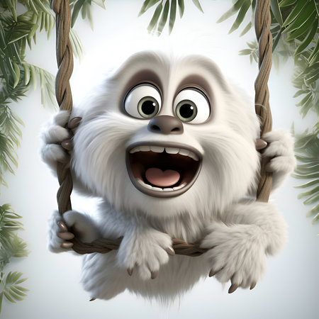 Cartoon white monkey sitting on a swing in the jungle - 3D illustrationの素材