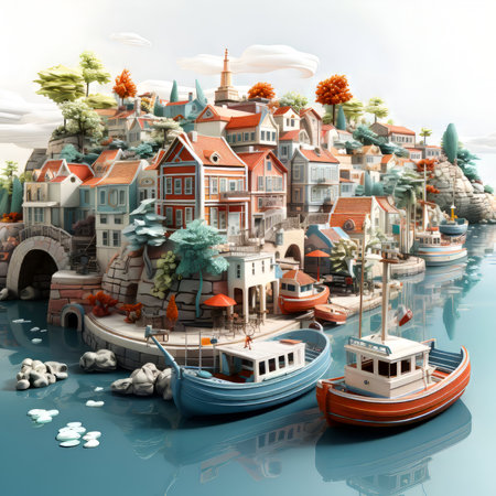 Fantasy town on the water. Digital illustration. 3D rendering.の素材