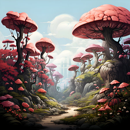 Fantasy landscape with mushrooms in the forest - illustration for children.の素材