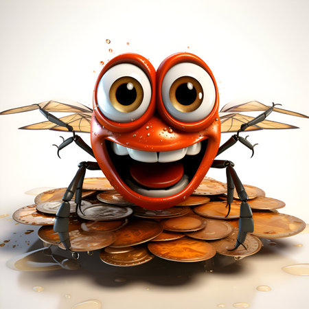 Cartoon fly with coins on white background. 3d illustration.の素材
