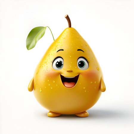 3d rendered illustration of pear cartoon character with leaf on white backgroundの素材