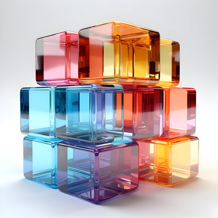 Colorful glass cubes on white background. 3d render illustration.の素材