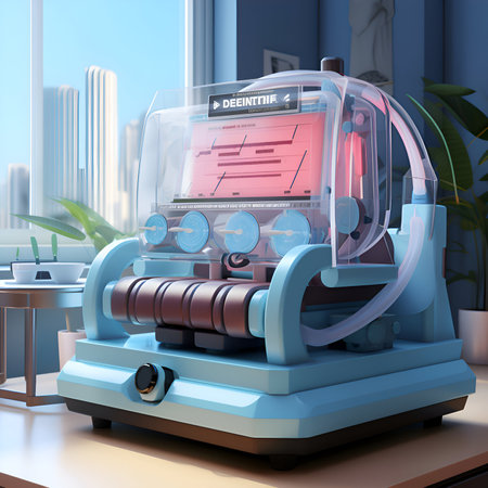 3D rendering of a medical machine in a room with plants.の素材