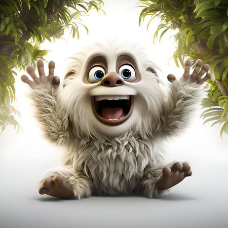 Funny yeti with green leaves in the background - 3D renderの素材