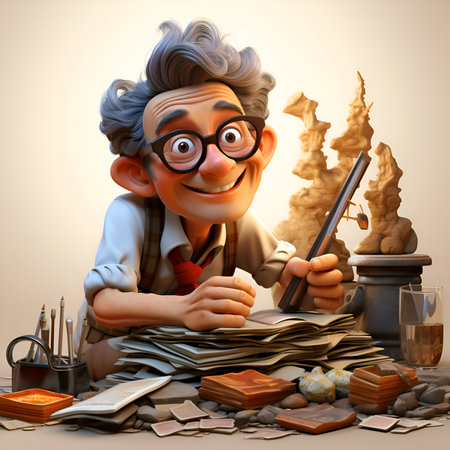 3D illustration of a cartoon character with a book in his handsの素材
