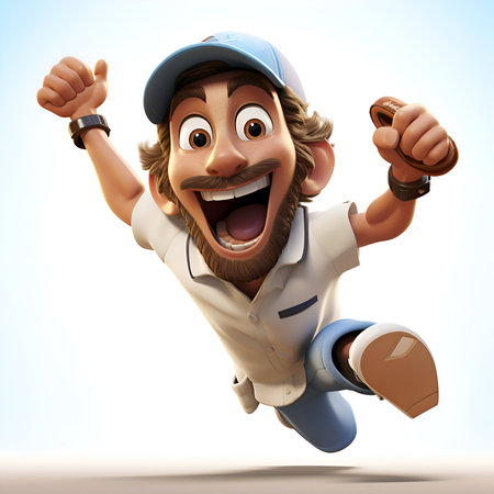 3D illustration of a happy cartoon man running with a baseball batの素材