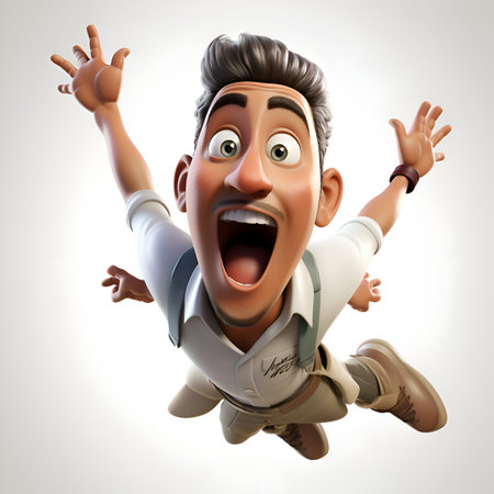 3D illustration of a man jumping with a happy expression on his faceの素材