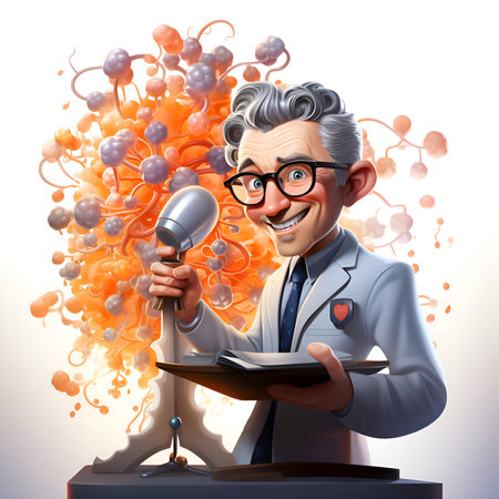 Scientist with a microphone and a book in his hands. 3d illustrationの素材